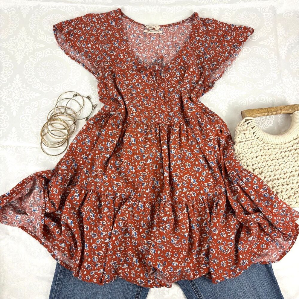 Urban Outfitters Babydoll Dress Floral Orange Mini Tiered Fall Cottagecore S